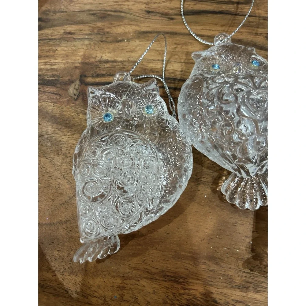 Owl Christmas Tree Ornaments Set Clear Turquoise Sparkle Whimsical Woodland Deco